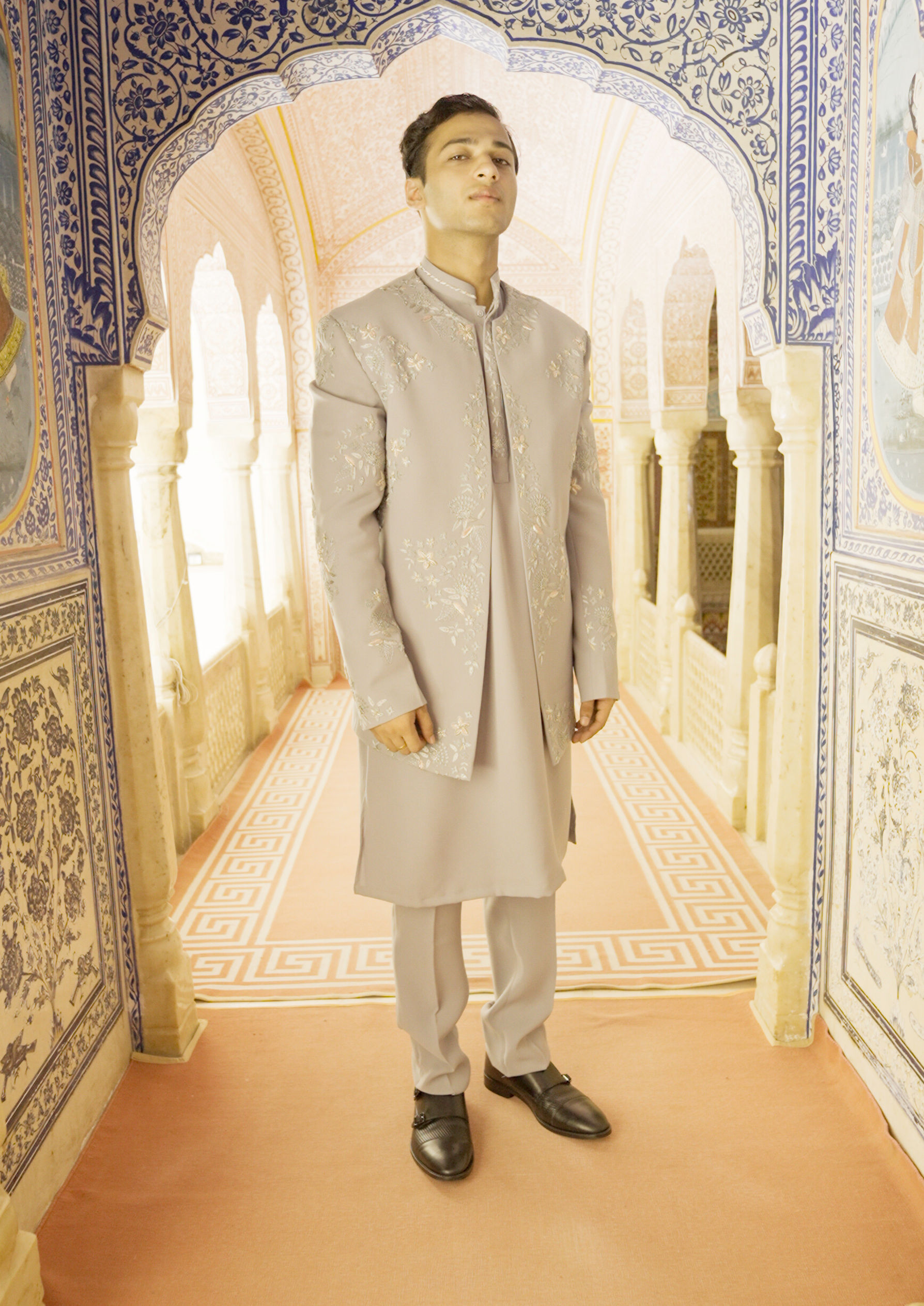 Twamev Men Grey Blended Rayon Indo Western Set