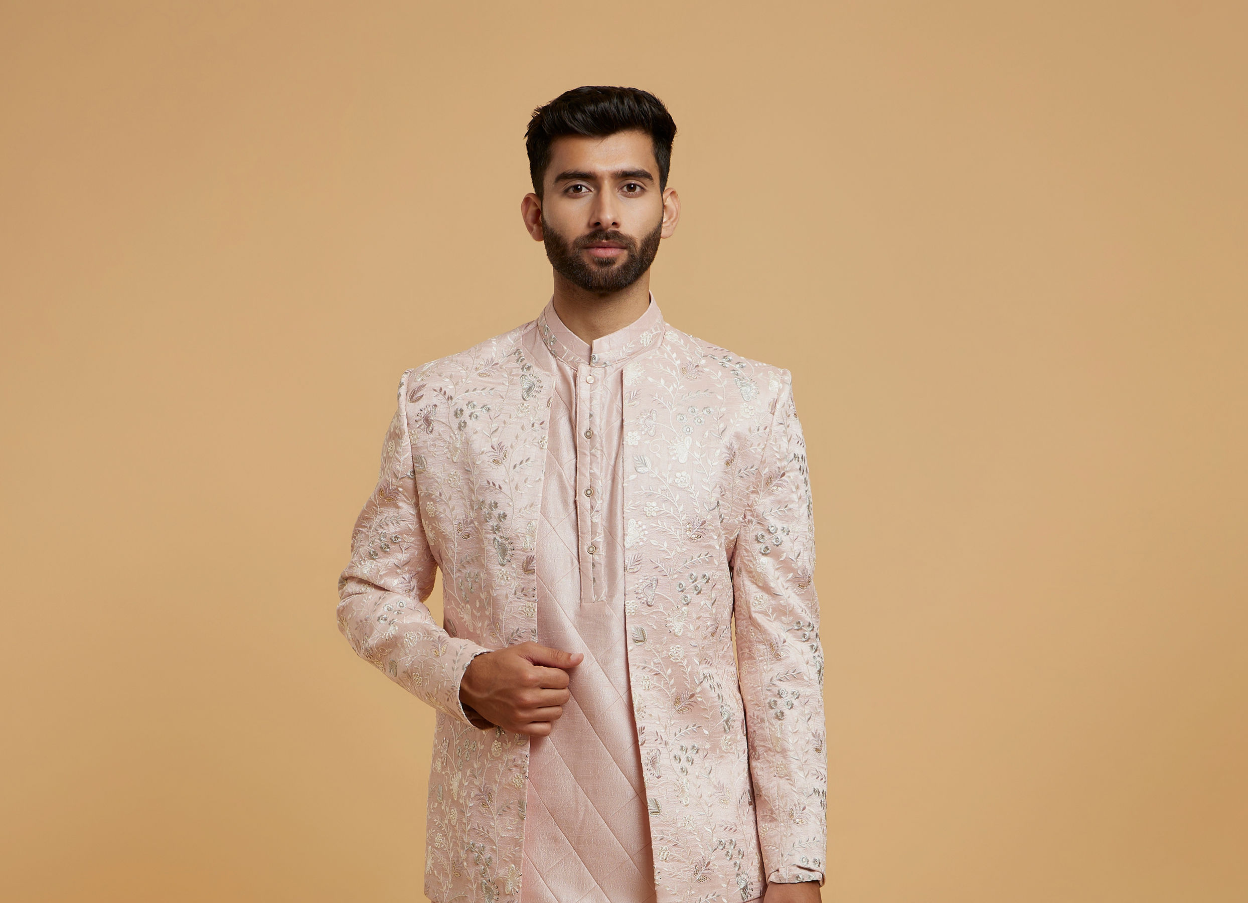 Sherwani Uomo In Jacquard Con Secchin – Set Completo Con Pantaloni In Seta Artistica, Abito Da Matrimonio Indo-Occidentale