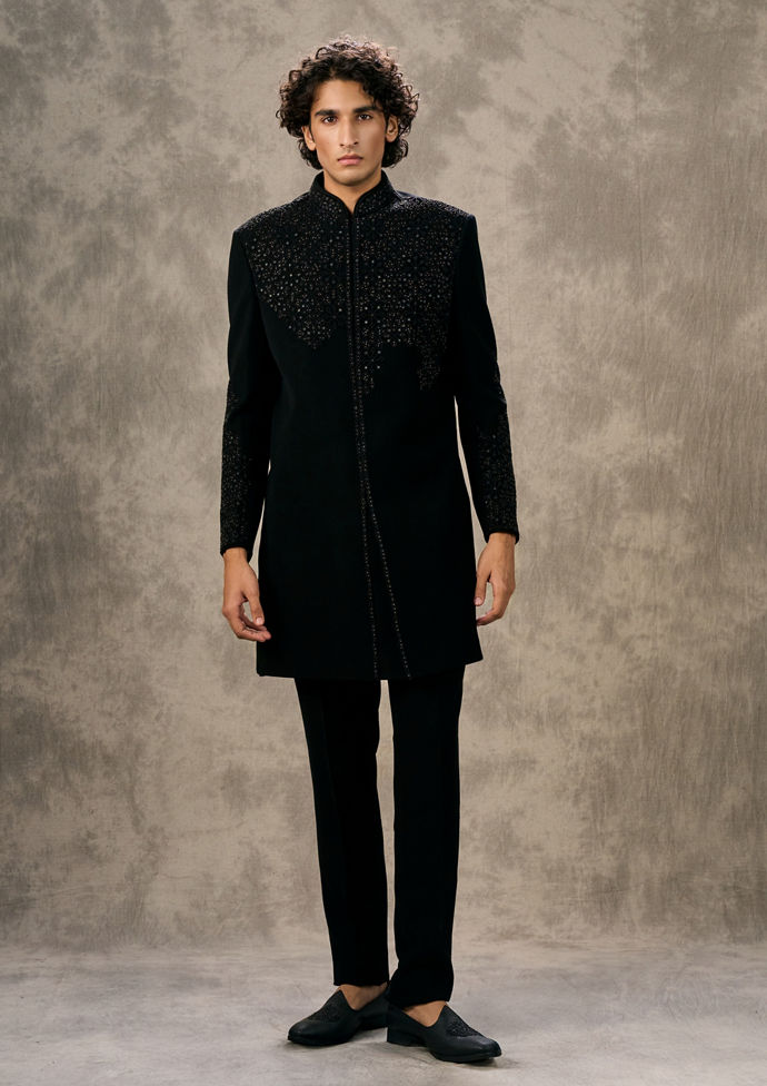 Twamev Men Black Twinkle Rayon Indo Western