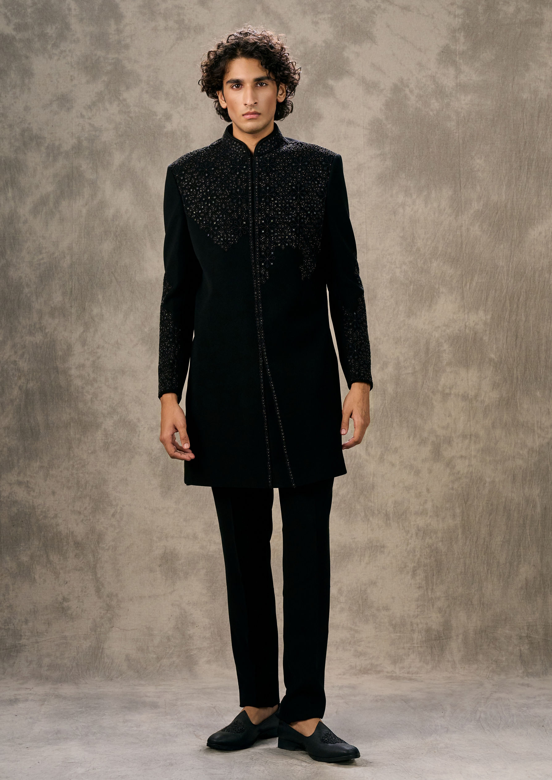 Twamev Men Black Twinkle Rayon Indo Western