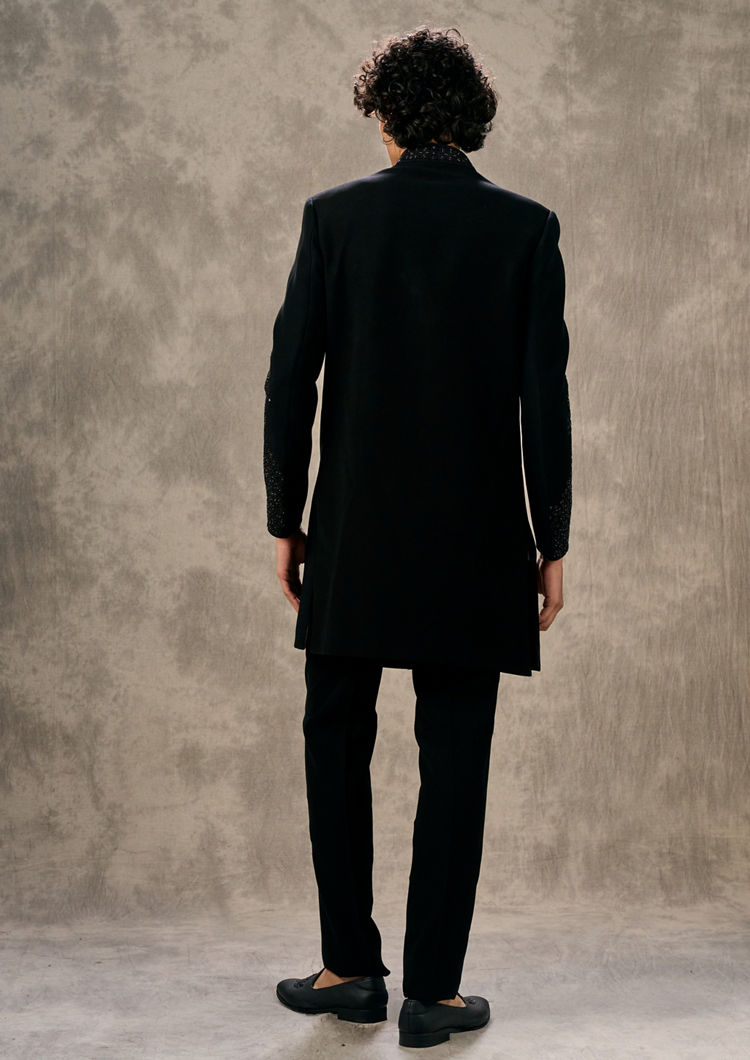 Twamev Men Black Twinkle Rayon Indo Western