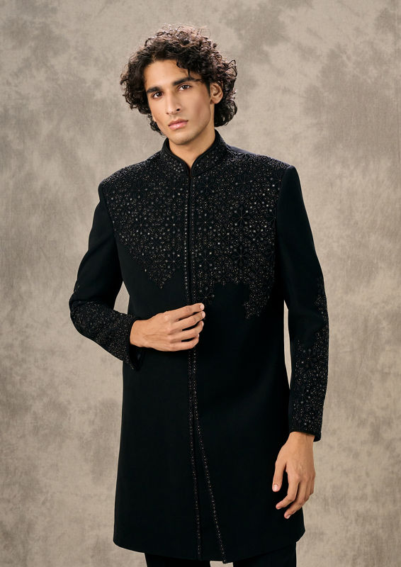 Twamev Men Black Twinkle Rayon Indo Western