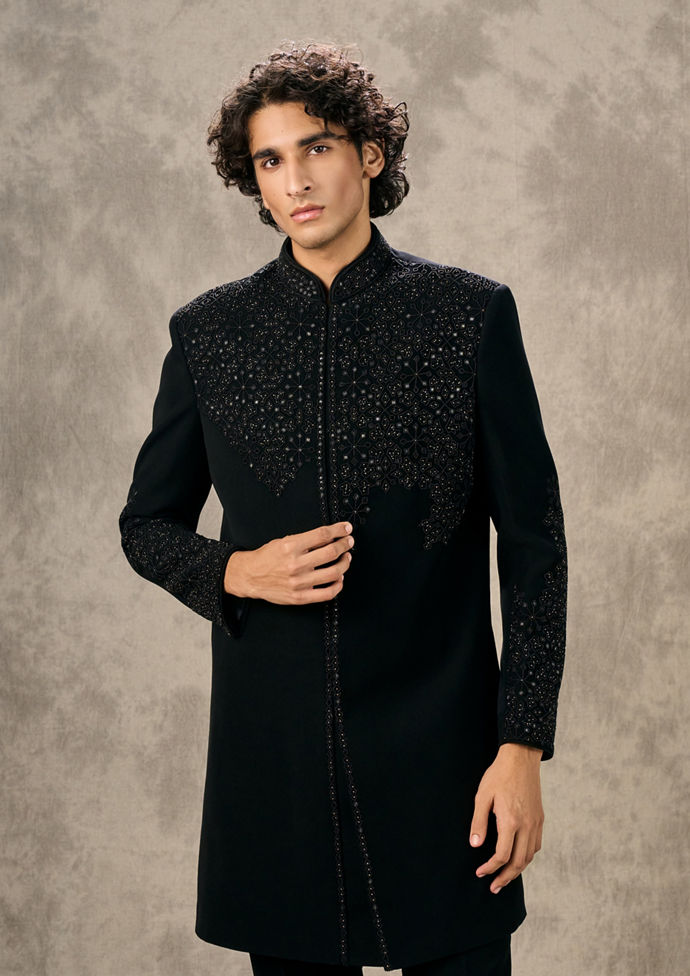 Twamev Men Black Twinkle Rayon Indo Western