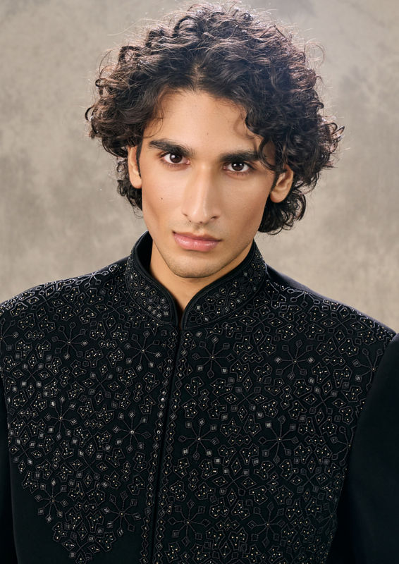 Twamev Men Black Twinkle Rayon Indo Western