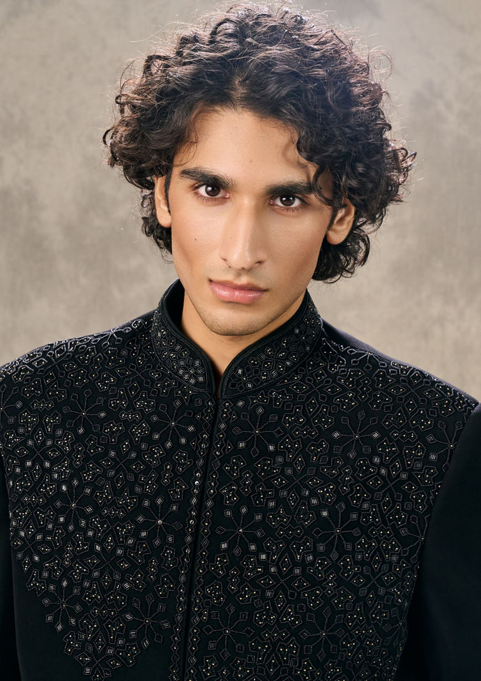 Twamev Men Black Crepe Sequin Scatter Embroidered Indo Western Set