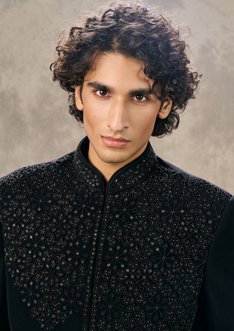 Twamev Men Black Twinkle Rayon Indo Western