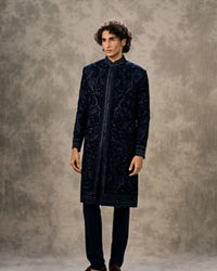 Twamev Men Navy Blue Velvet Thread Embroidered Indo Western Set