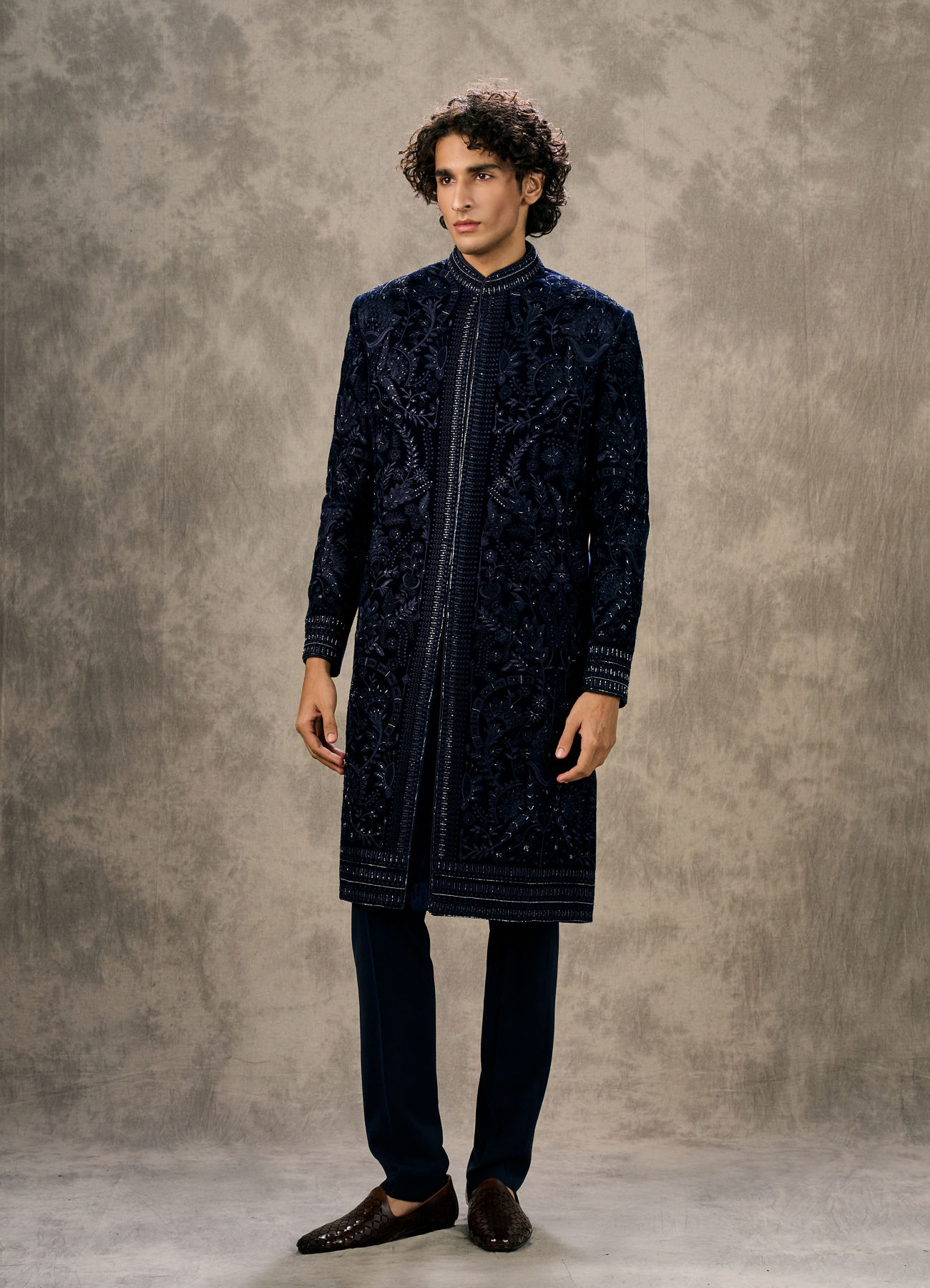 Twamev Men Navy Blue Velvet Thread Embroidered Indo Western Set