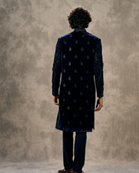 Twamev Men Navy Blue Velvet Thread Embroidered Indo Western Set