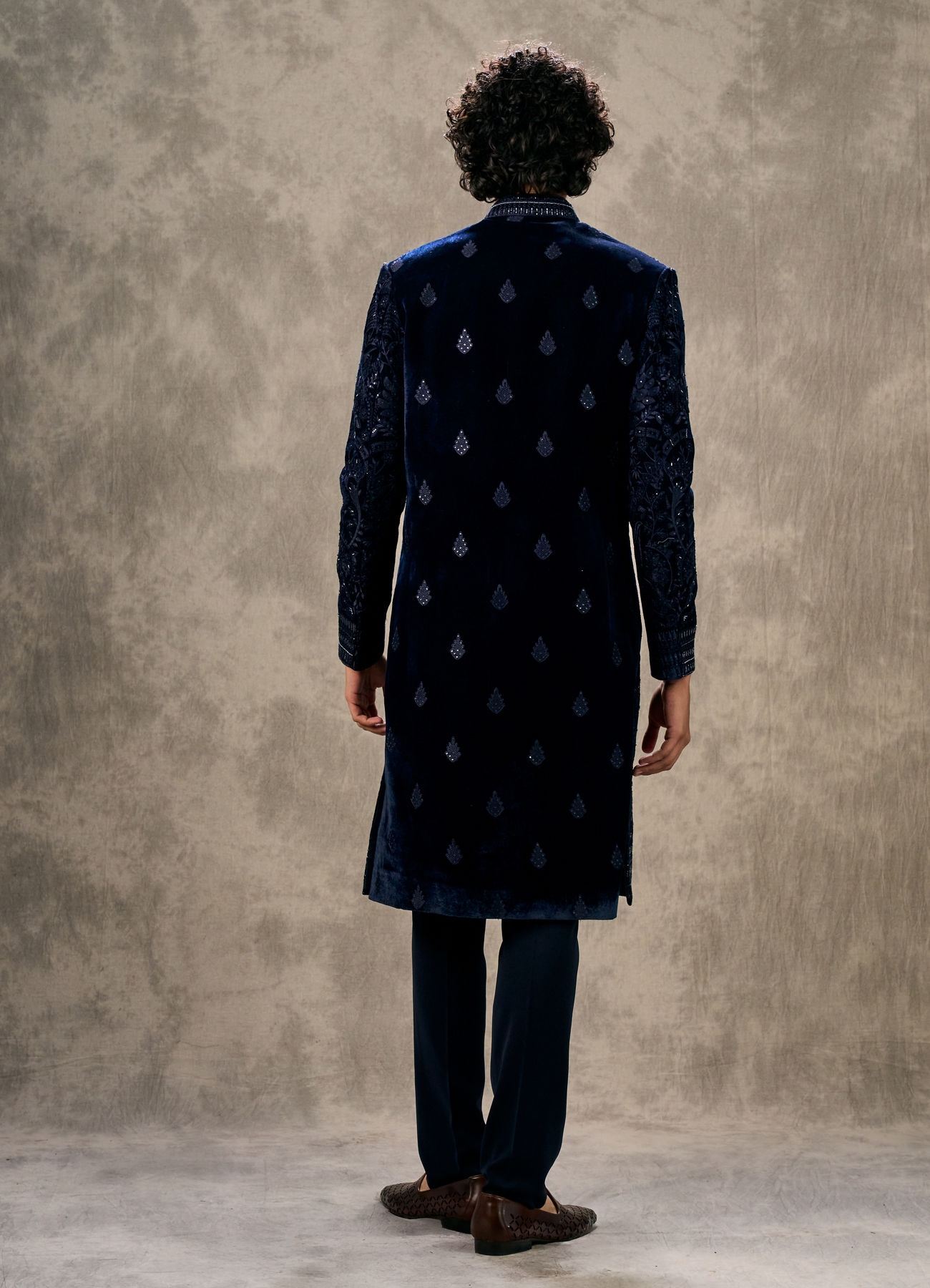 Twamev Men Navy Blue Velvet Thread Embroidered Indo Western Set