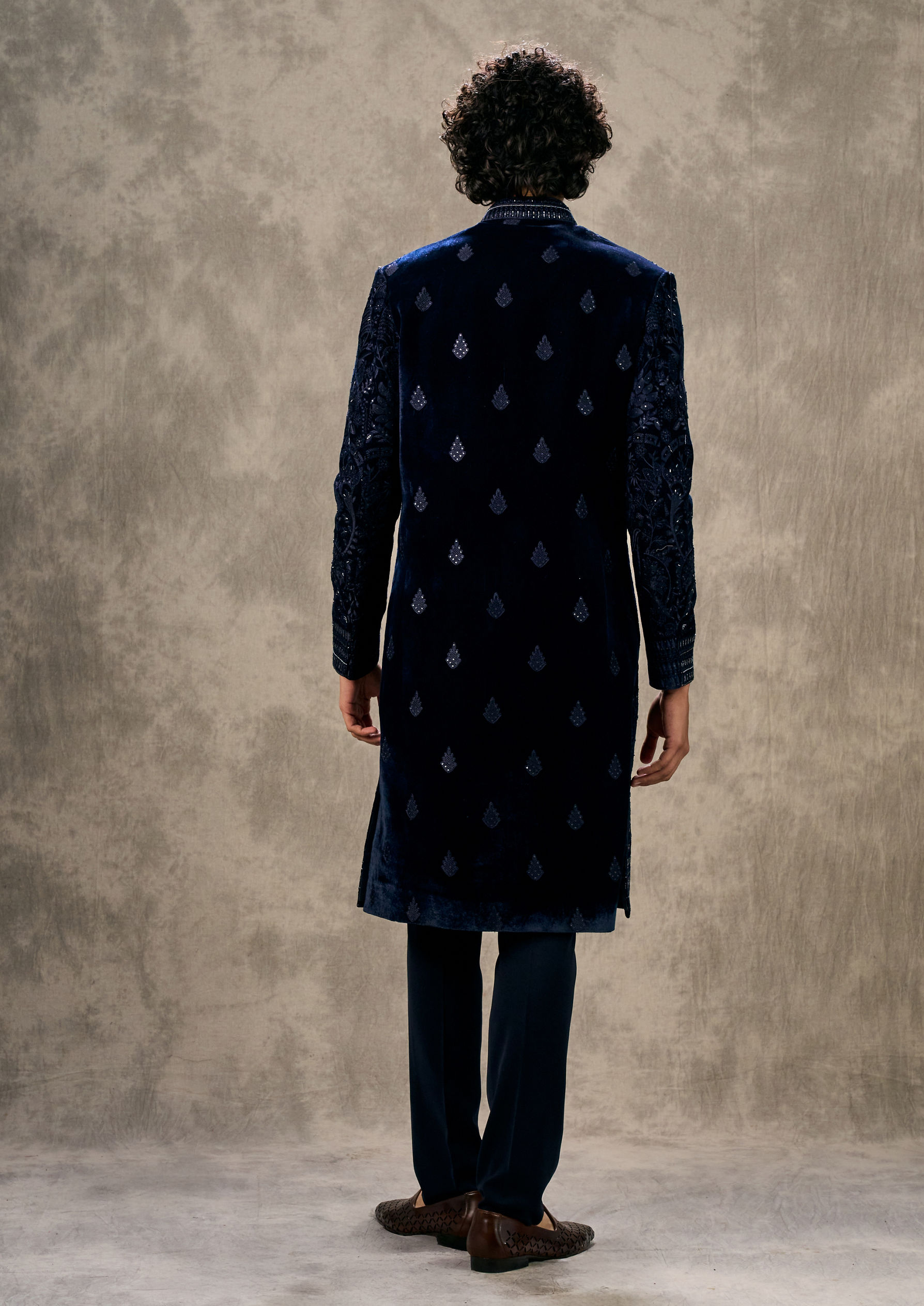 Twamev Men Dark Blue Velvet Elegance Indo Western