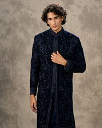 Twamev Men Navy Blue Velvet Thread Embroidered Indo Western Set