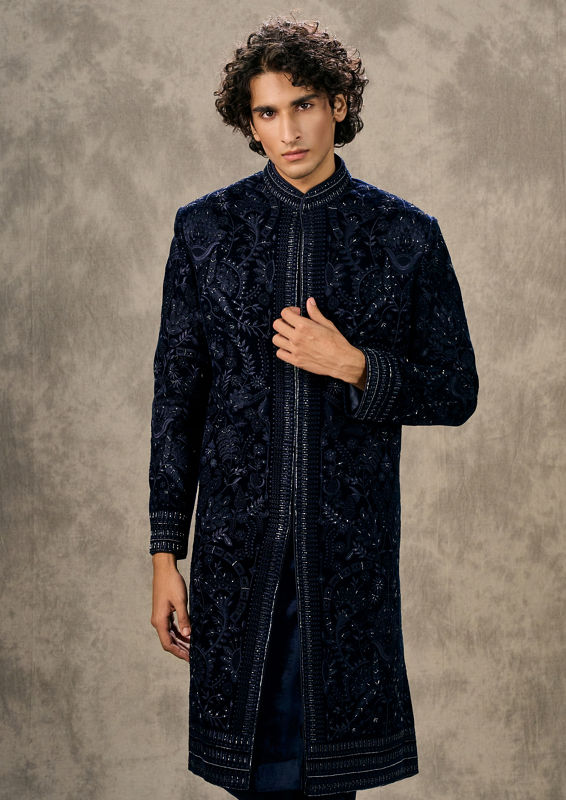 Twamev Men Dark Blue Velvet Elegance Indo Western