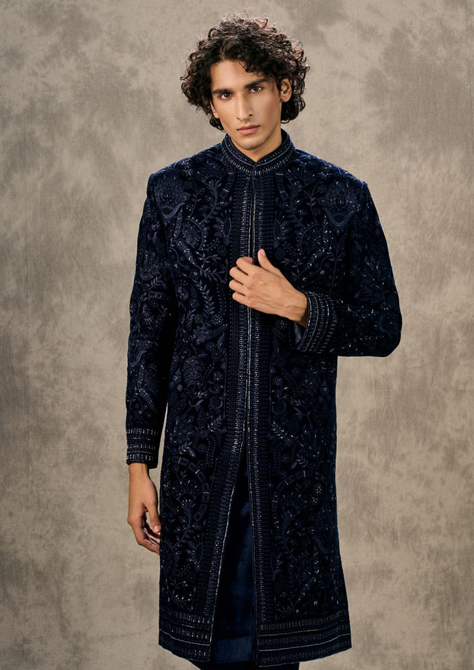 Twamev Men Dark Blue Velvet Elegance Indo Western