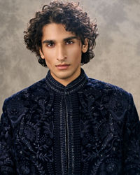 Twamev Men Navy Blue Velvet Thread Embroidered Indo Western Set
