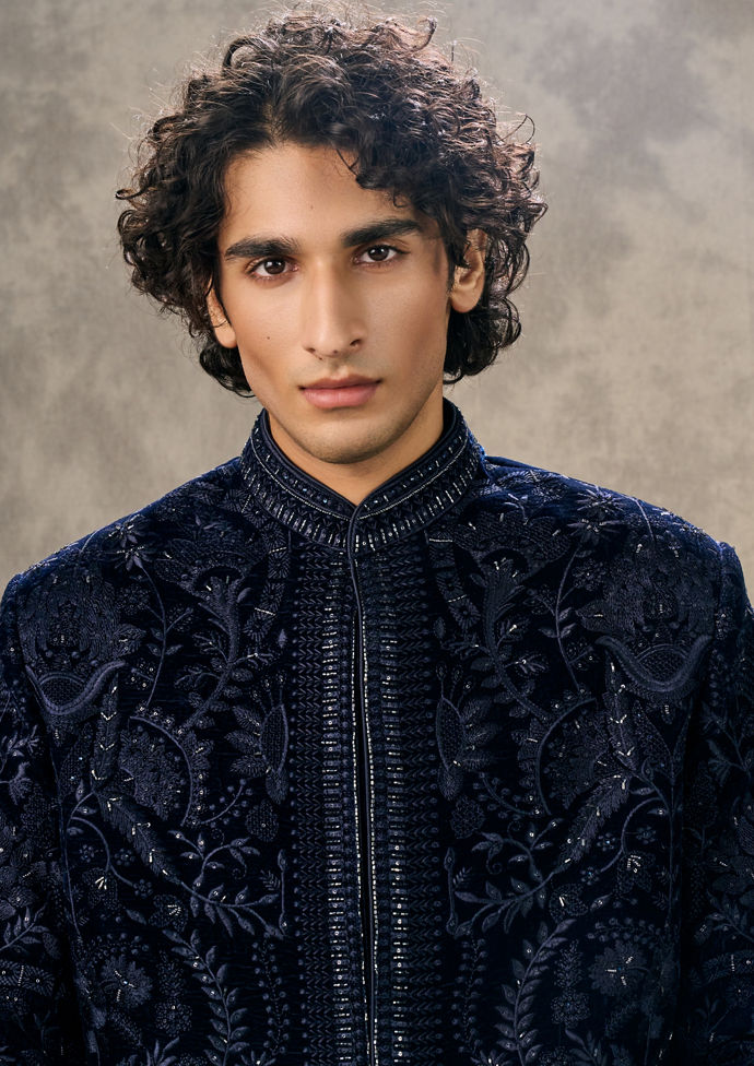 Twamev Men Dark Blue Velvet Elegance Indo Western