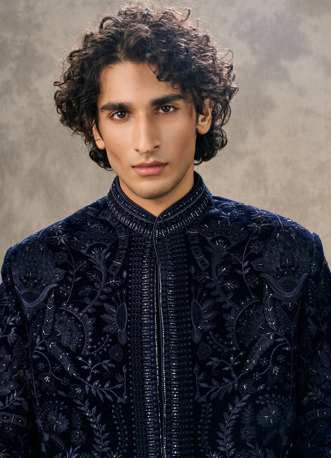 Twamev Men Navy Blue Velvet Thread Embroidered Indo Western Set
