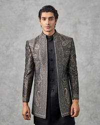 Twamev Men Champagne Tissue Zardozi Aari Embroidered Indo Western Set