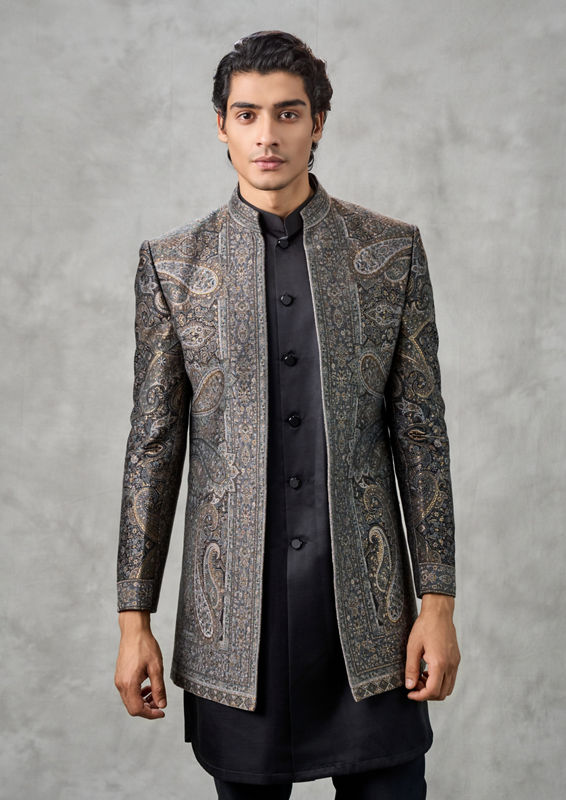 Twamev Men Champagne Tissue Zardozi Aari Embroidered Indo Western Set