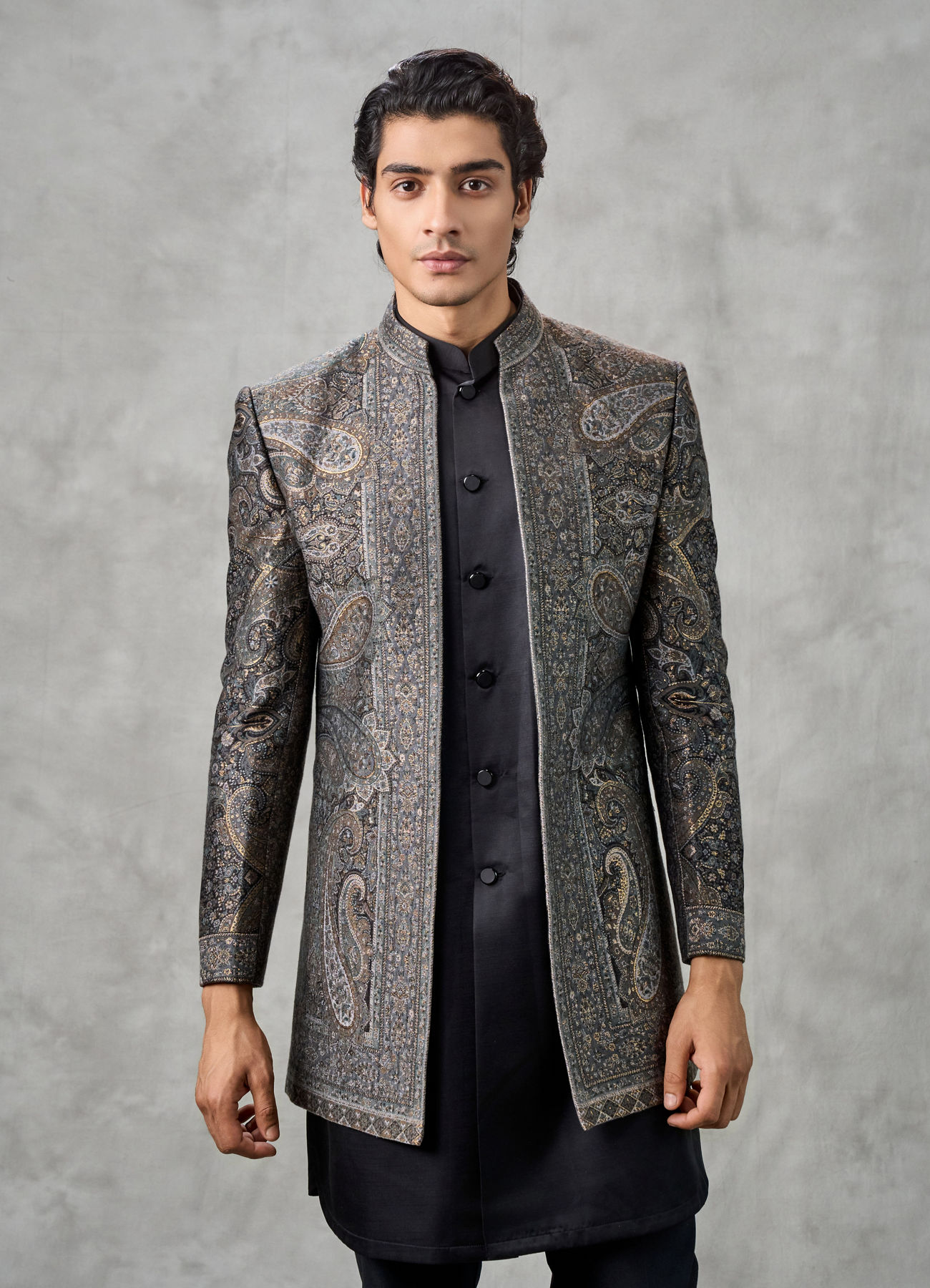 Twamev Men Champagne Tissue Zardozi Aari Embroidered Indo Western Set