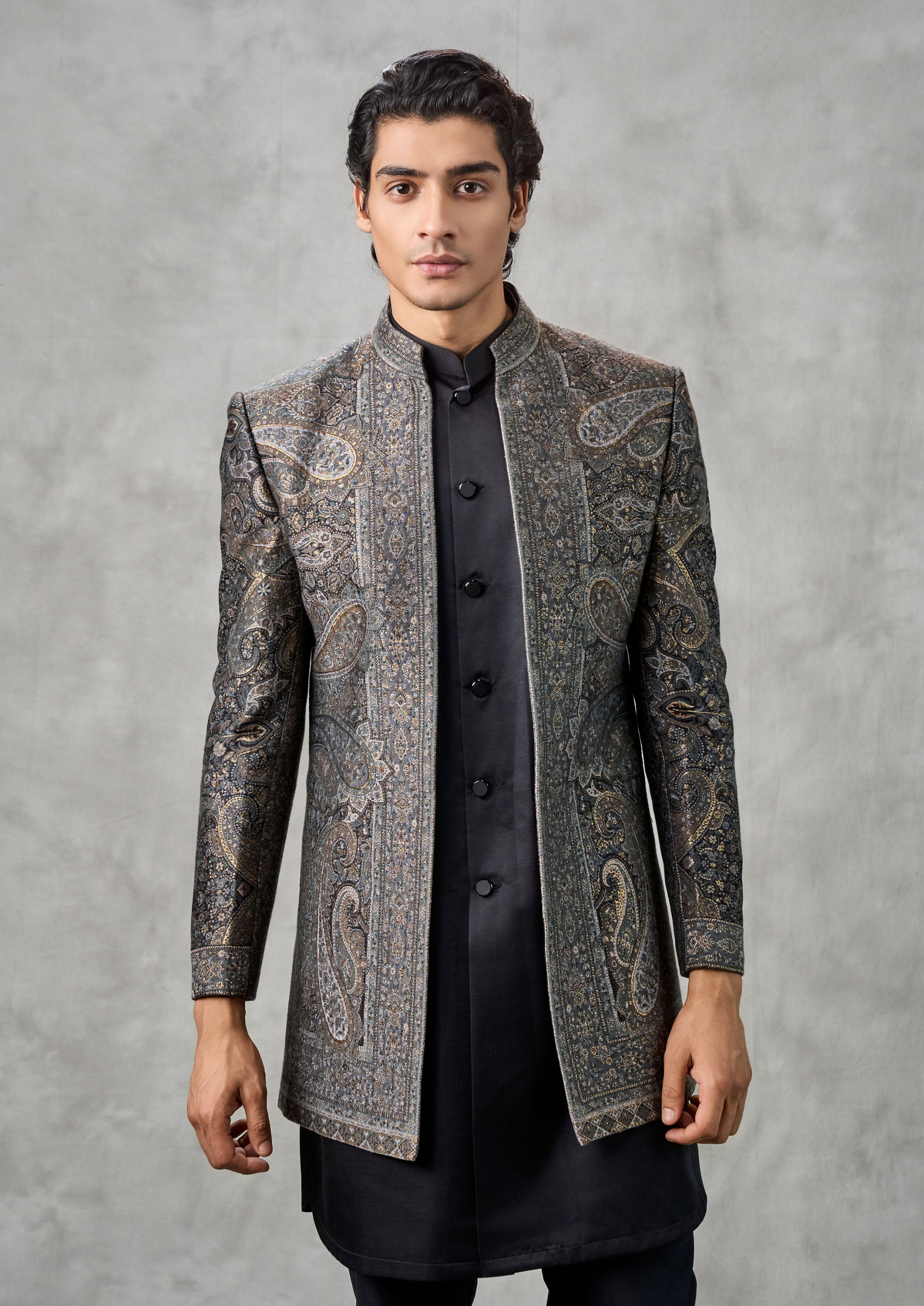 Twamev Men Champagne Tissue Zardozi Aari Embroidered Indo Western Set