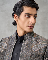Twamev Men Champagne Tissue Zardozi Aari Embroidered Indo Western Set