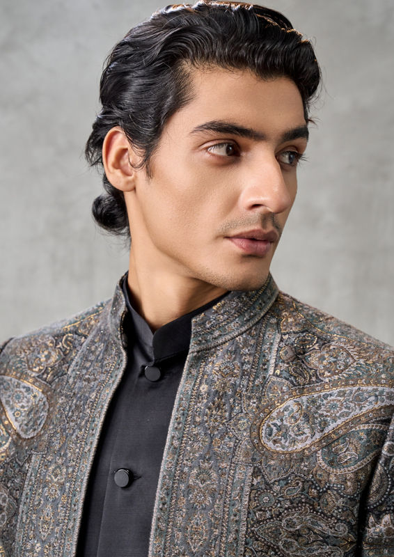 Twamev Men Champagne Tissue Zardozi Aari Embroidered Indo Western Set