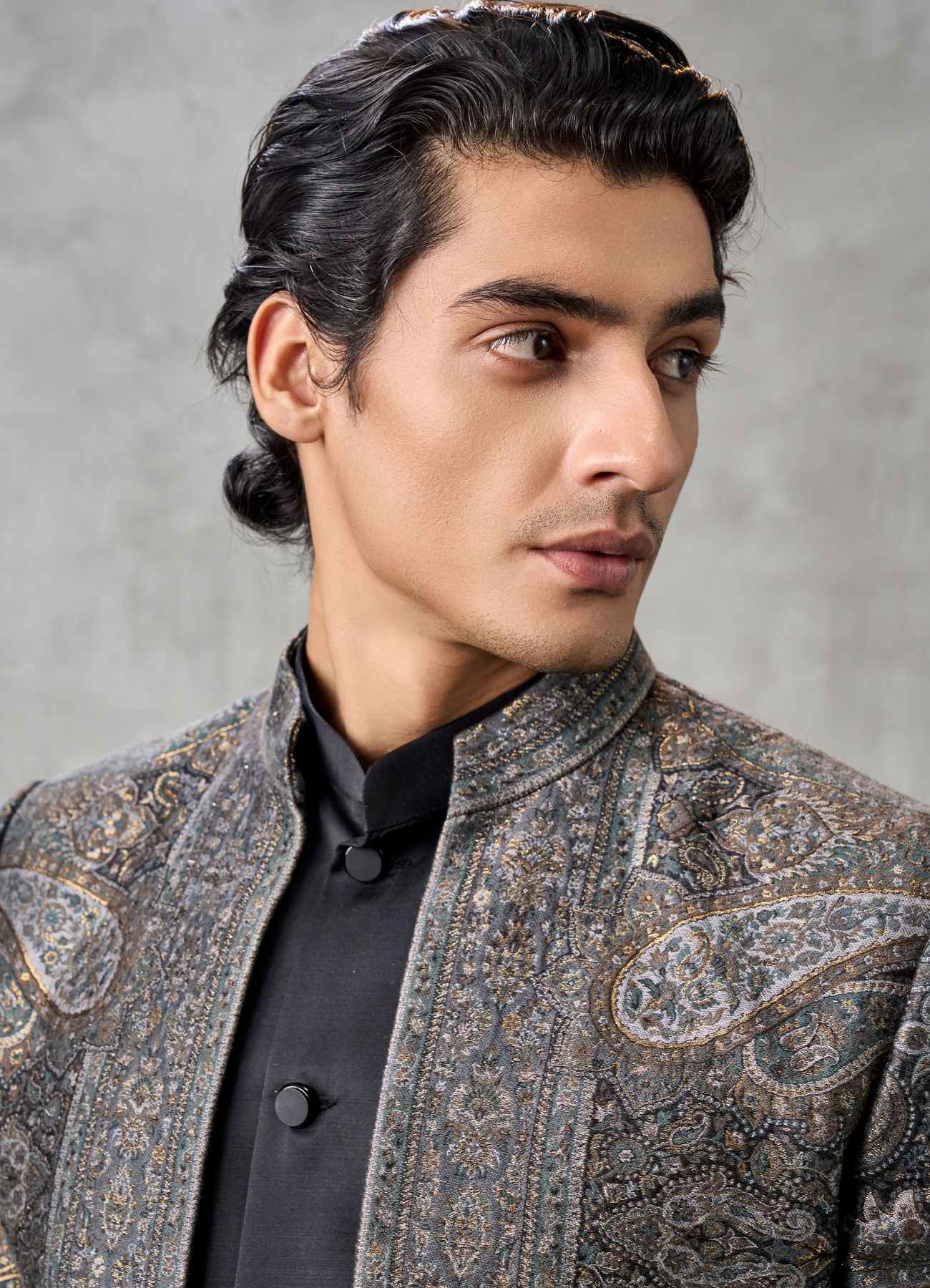 Twamev Men Champagne Tissue Zardozi Aari Embroidered Indo Western Set
