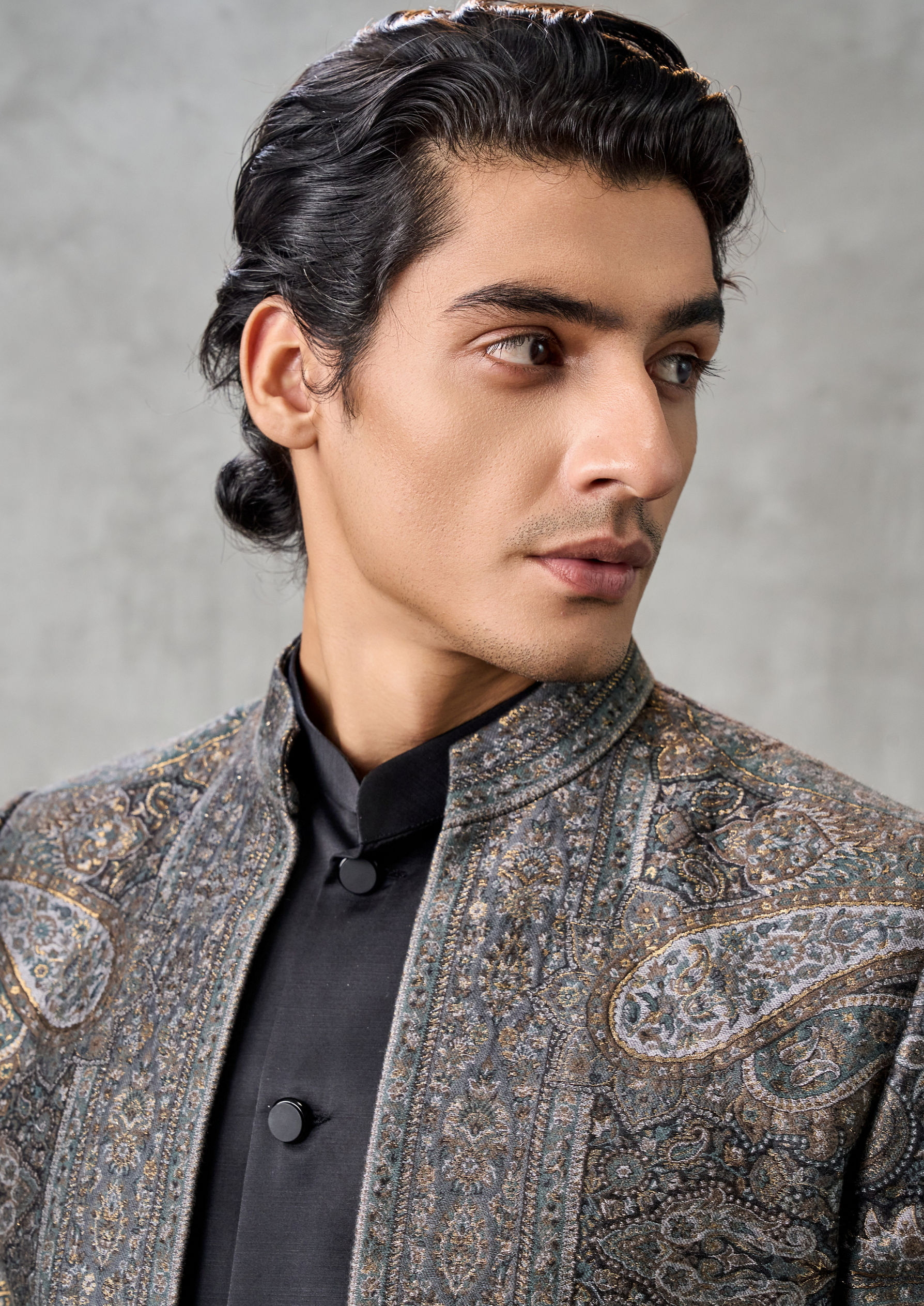Twamev Men Champagne Tissue Zardozi Aari Embroidered Indo Western Set