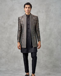 Twamev Men Champagne Tissue Zardozi Aari Embroidered Indo Western Set