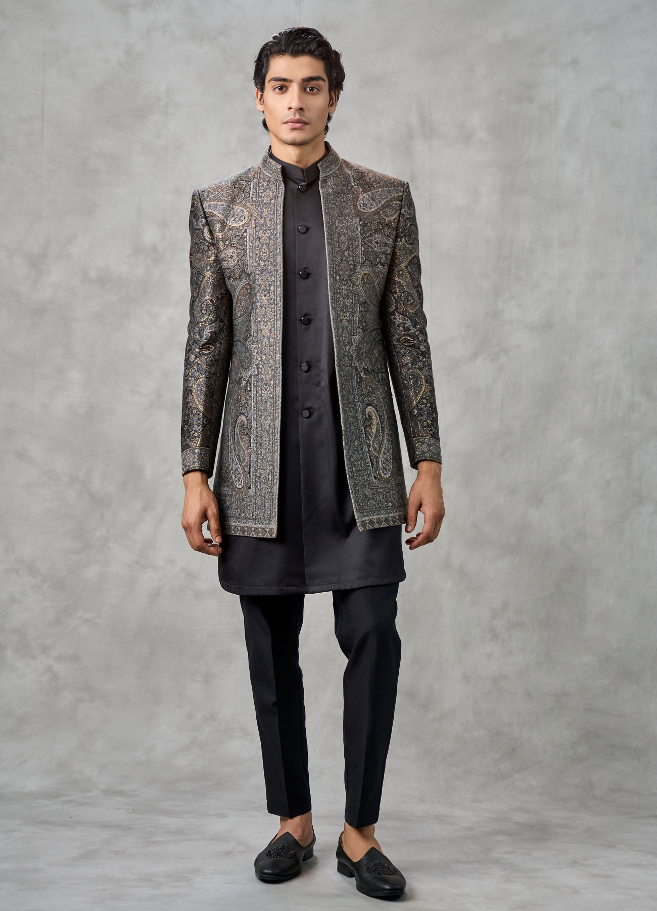 Twamev Men Champagne Tissue Zardozi Aari Embroidered Indo Western Set