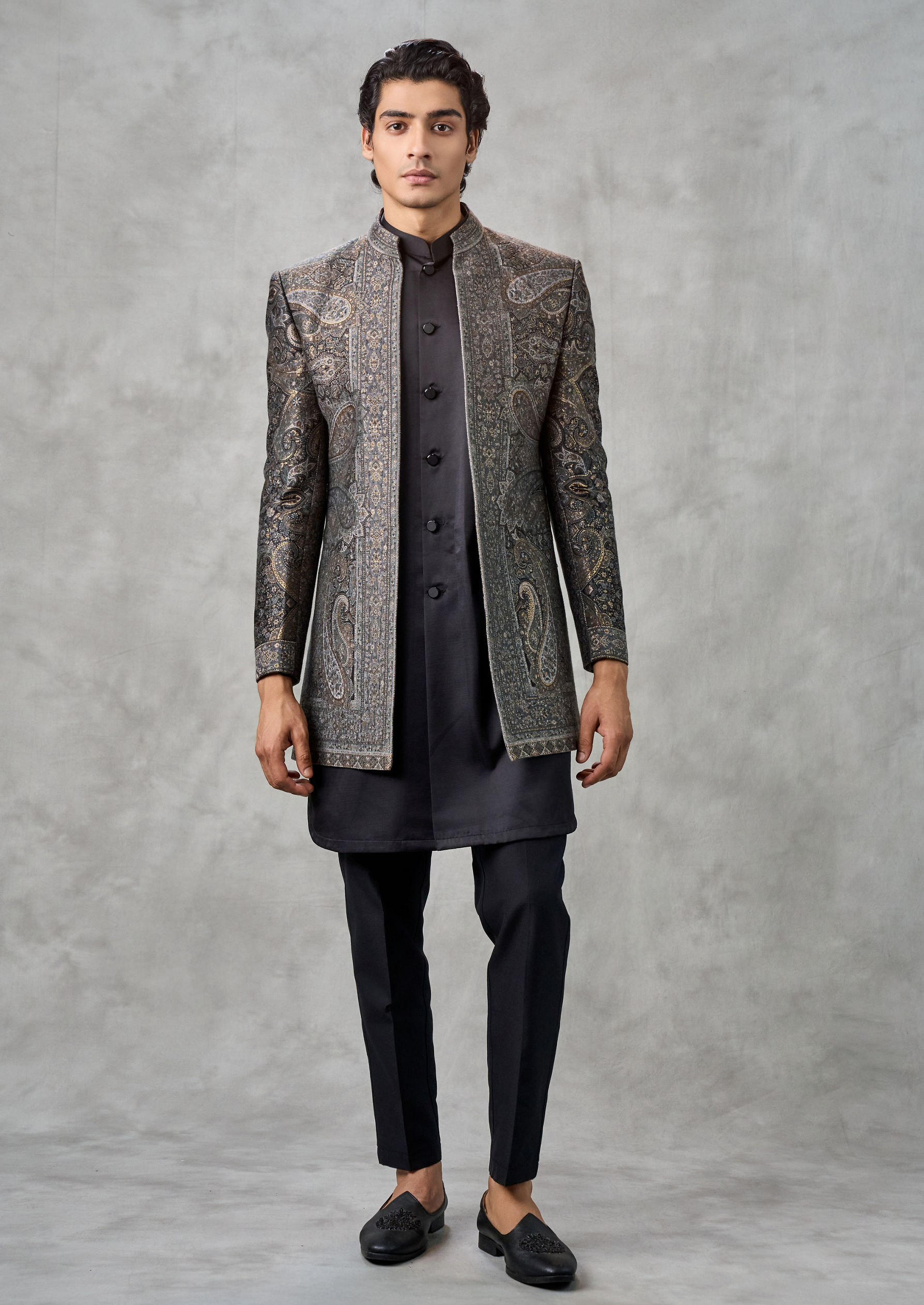 Twamev Men Champagne Tissue Zardozi Aari Embroidered Indo Western Set