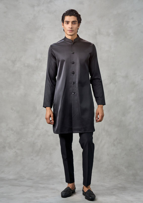 Twamev Men Champagne Tissue Zardozi Aari Embroidered Indo Western Set
