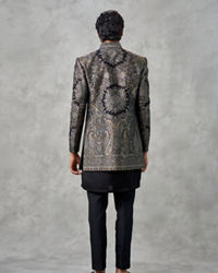 Twamev Men Champagne Tissue Zardozi Aari Embroidered Indo Western Set