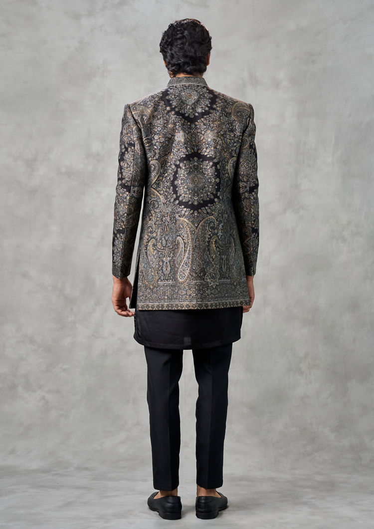 Twamev Men Champagne Tissue Zardozi Aari Embroidered Indo Western Set