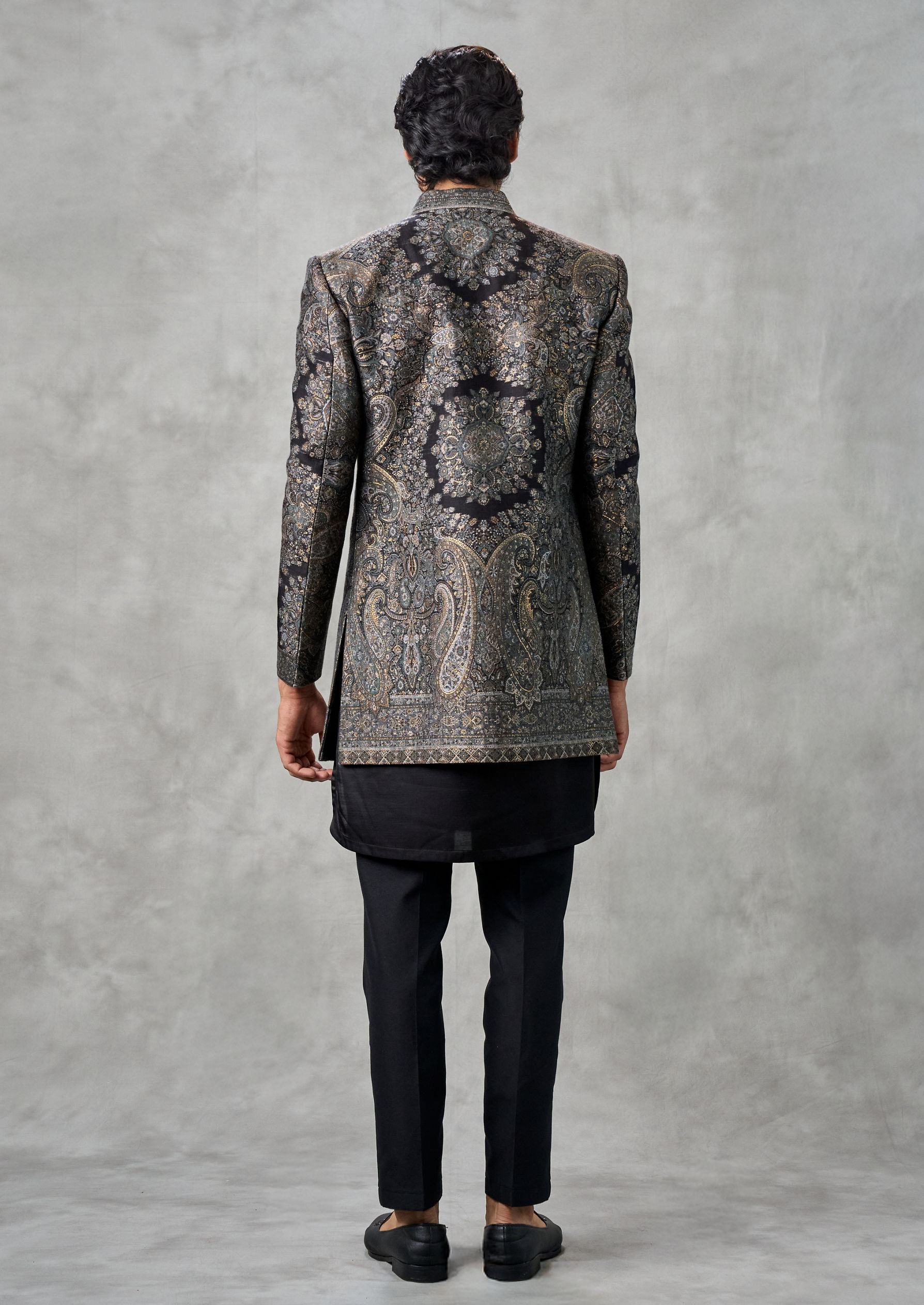 Twamev Men Champagne Tissue Zardozi Aari Embroidered Indo Western Set