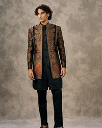Twamev Men Black Pashmina Multicolour Paisley Woven Indo Western Set