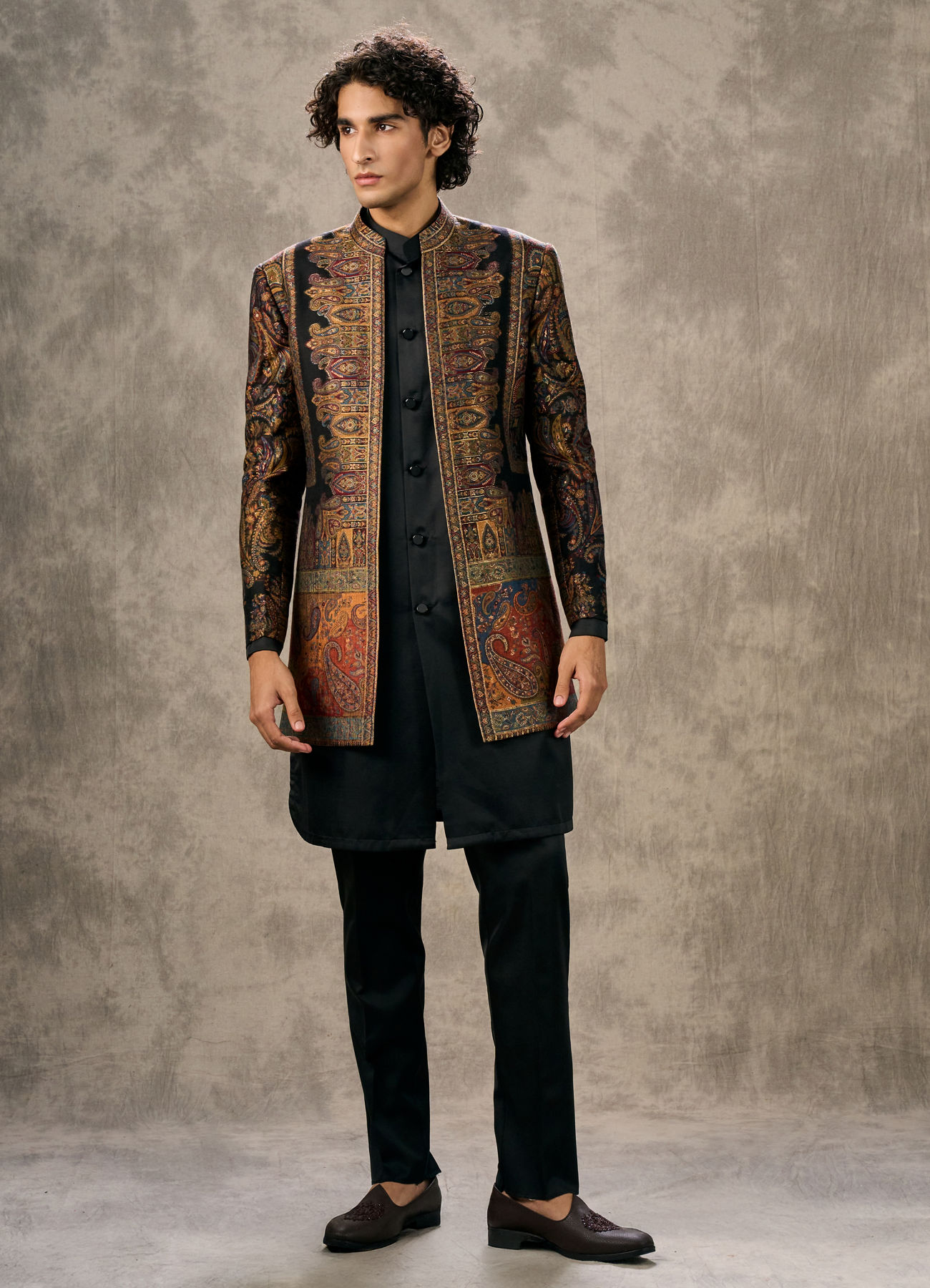 Twamev Men Black Pashmina Multicolour Paisley Woven Indo Western Set