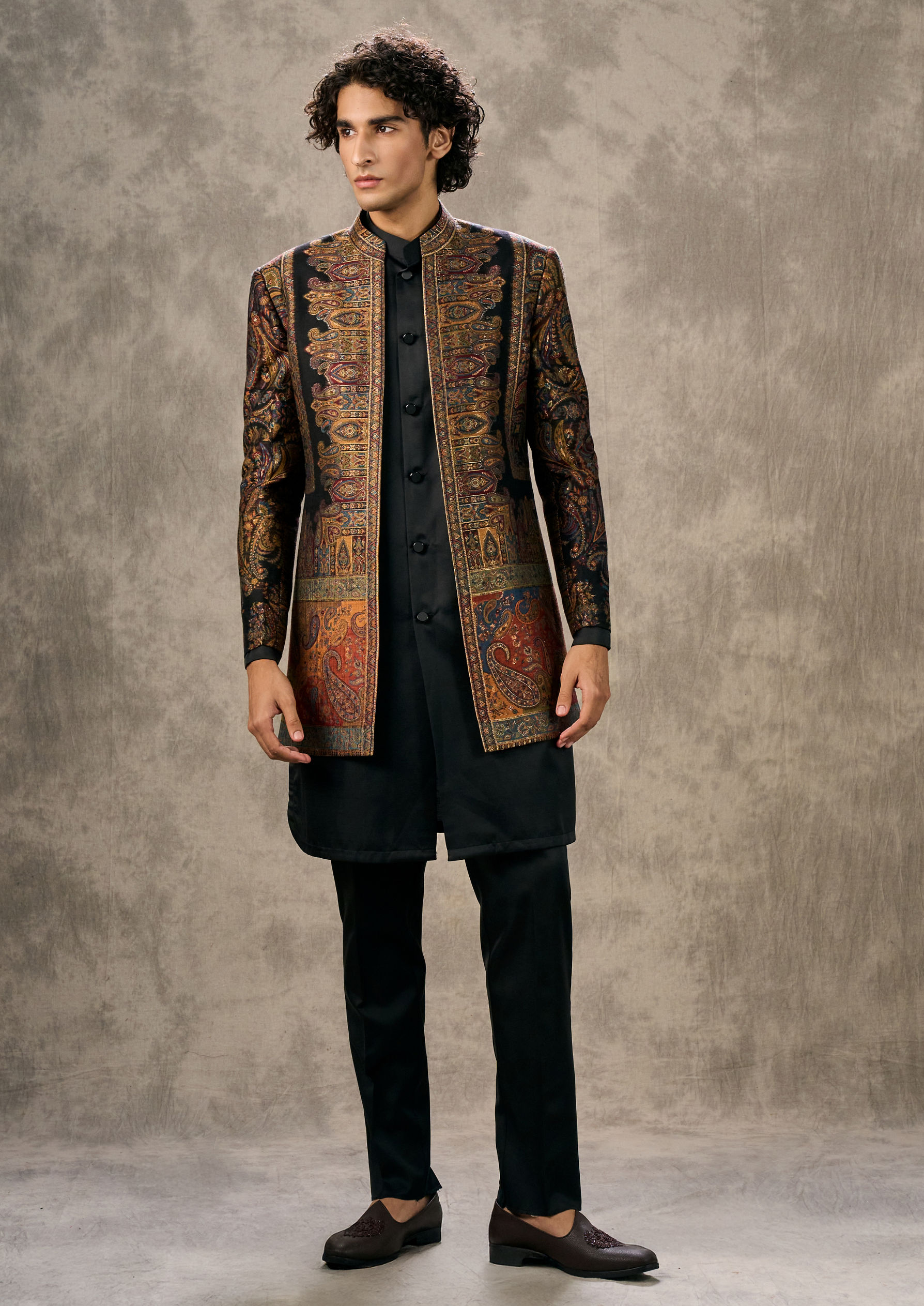 Twamev Men Black Pashmina Multicolour Paisley Woven Indo Western Set