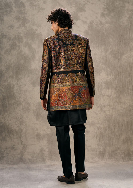 Twamev Men Black Pashmina Multicolour Paisley Woven Indo Western Set
