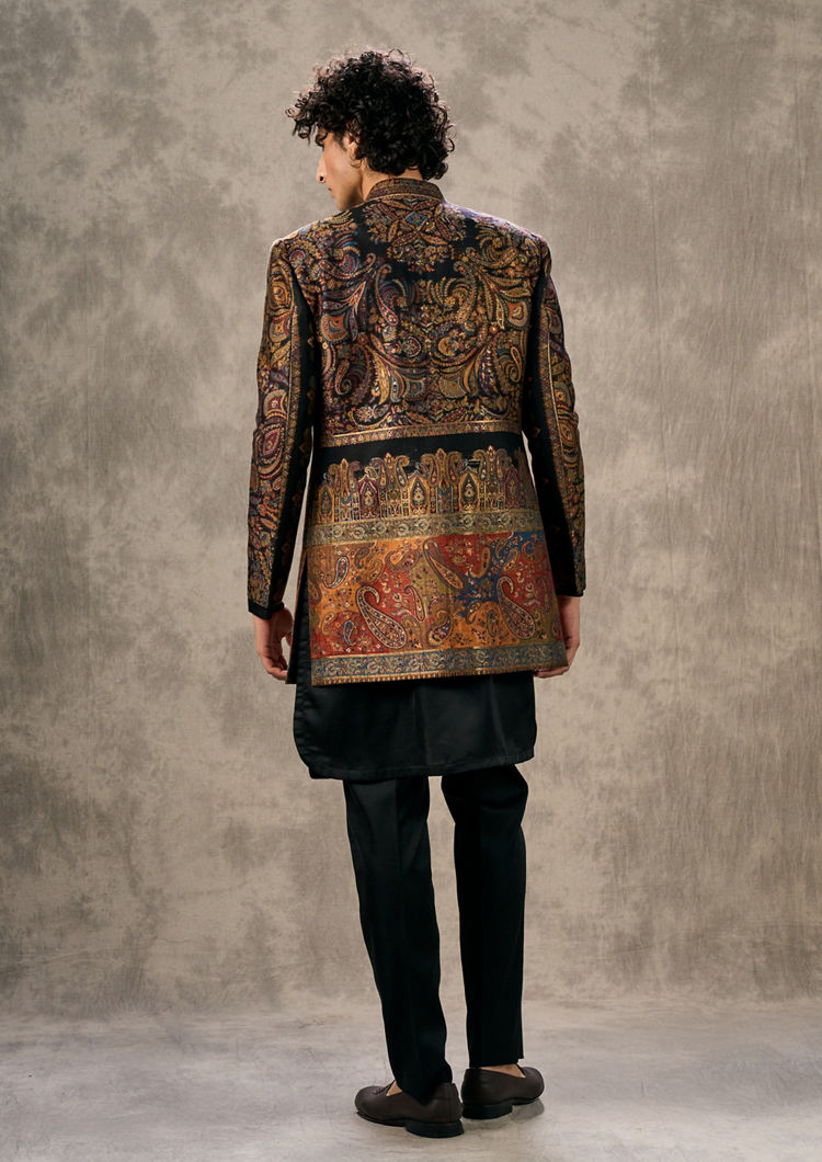 Twamev Men Black Pashmina Multicolour Paisley Woven Indo Western Set