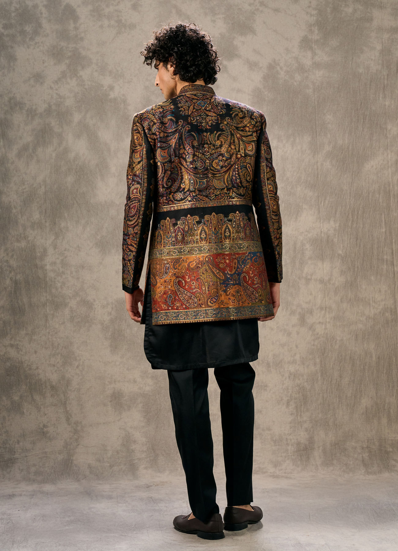 Twamev Men Black Pashmina Multicolour Paisley Woven Indo Western Set