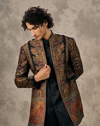 Twamev Men Black Pashmina Multicolour Paisley Woven Indo Western Set