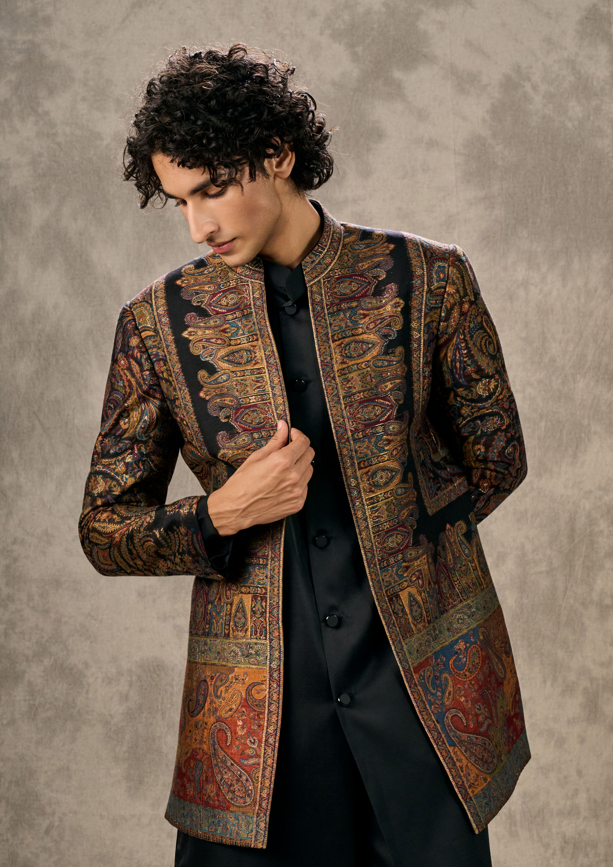 Twamev Men Black Pashmina Multicolour Paisley Woven Indo Western Set