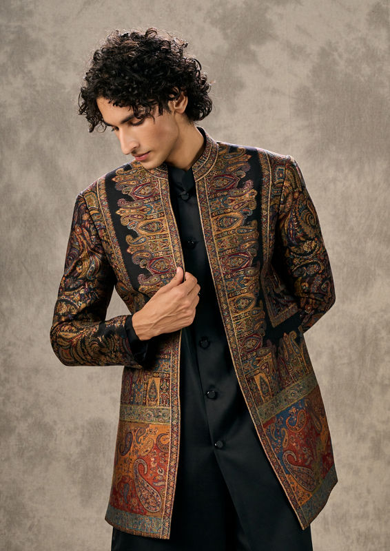 Twamev Men Black Pashmina Multicolour Paisley Woven Indo Western Set