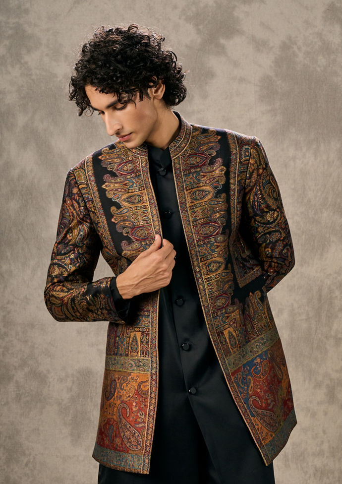 Twamev Men Black Pashmina Multicolour Paisley Woven Indo Western Set