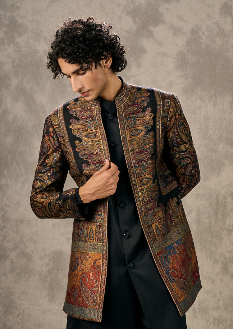 Twamev Men Black Pashmina Multicolour Paisley Woven Indo Western Set