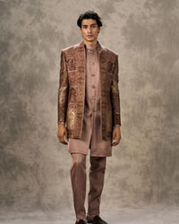 Twamev Men Brown Pashmina Paisley Woven Indo Western Ensemble