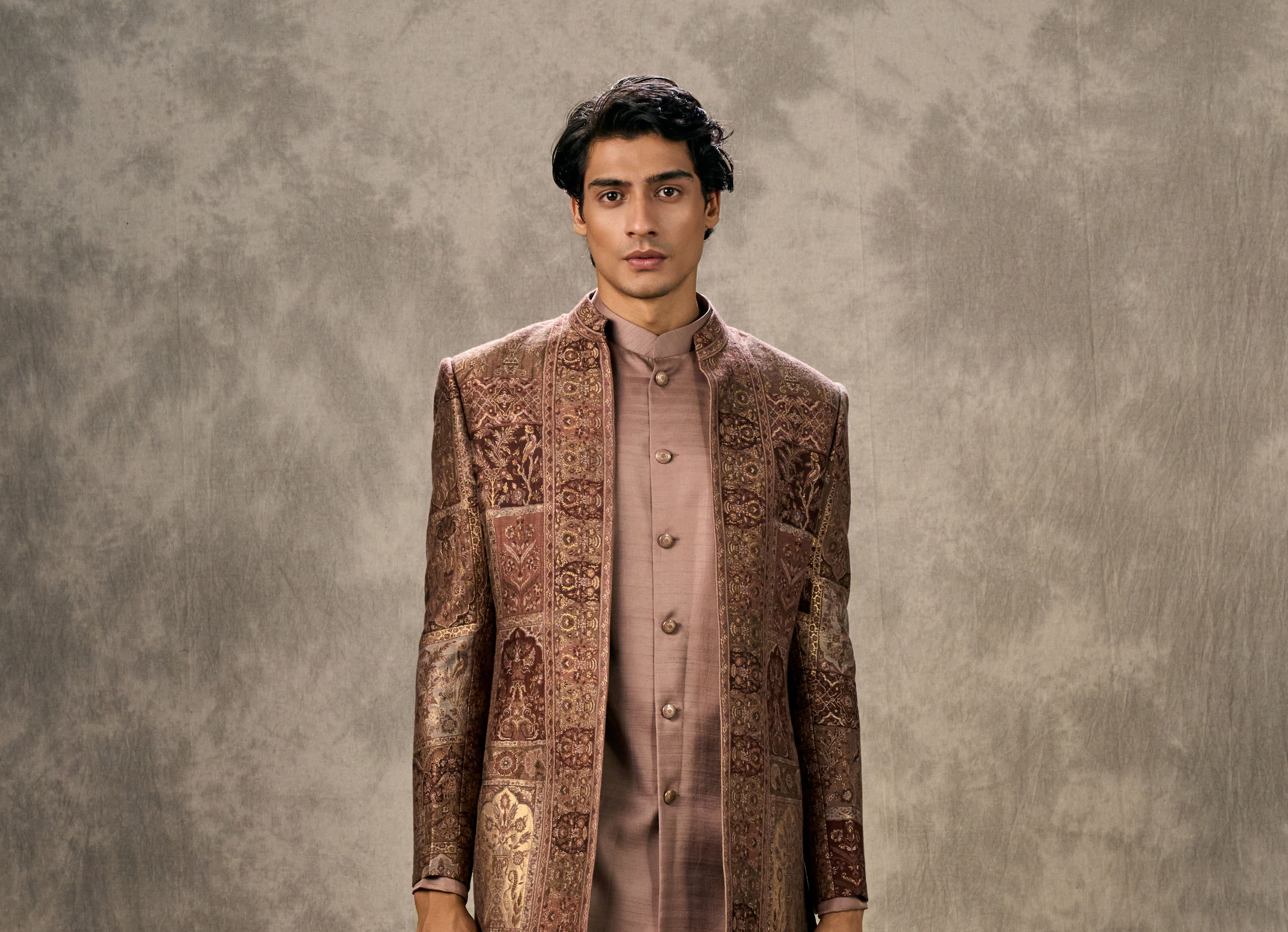 Twamev Men Brown Pashmina Paisley Woven Indo Western Ensemble