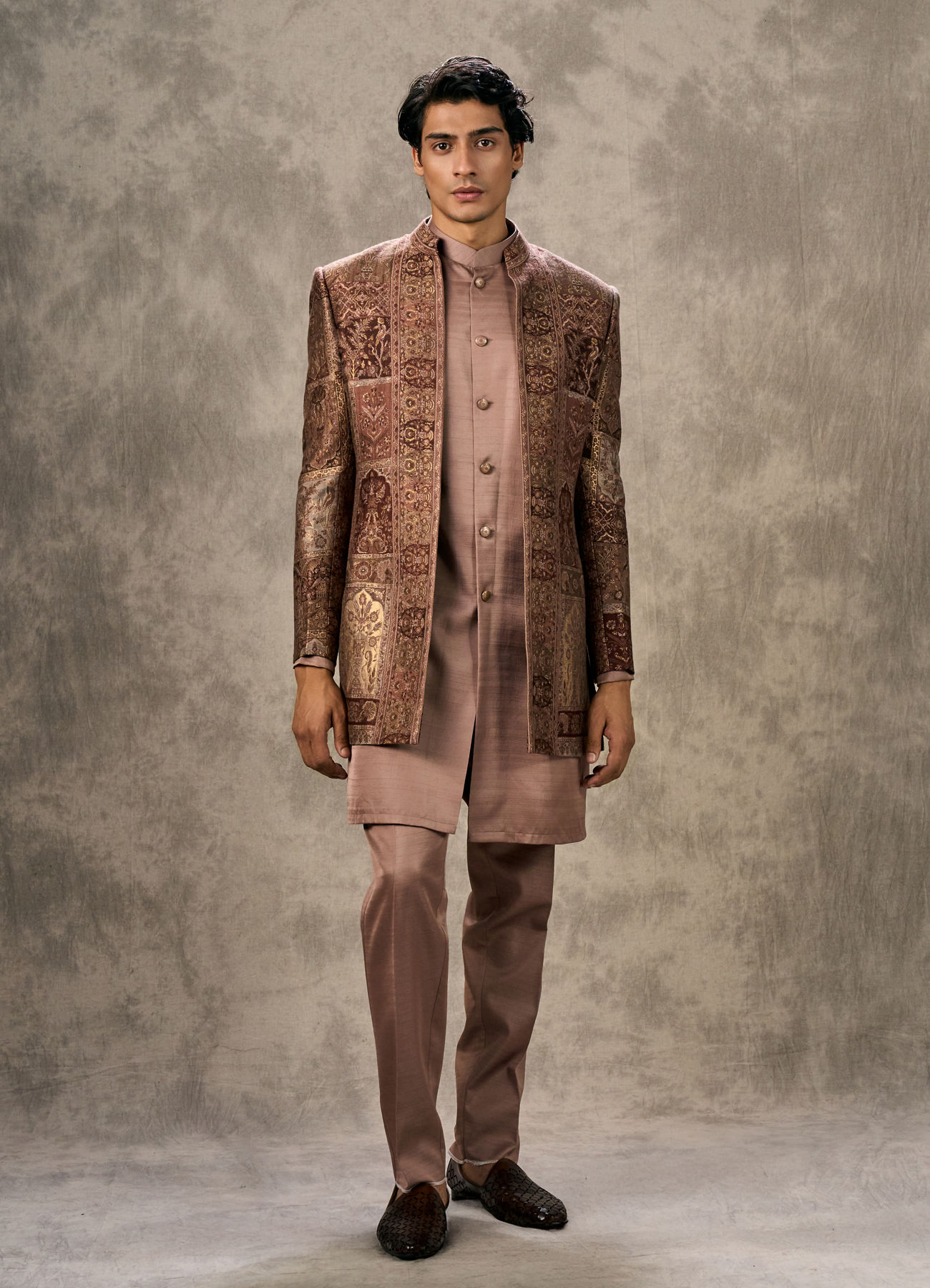 Twamev Men Brown Pashmina Paisley Woven Indo Western Ensemble